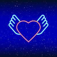 Wings from neon heart. Backlit planet neon sign. Retro red neon heart sign. Romantic design for Happy Valentine's Day. Night light advertisement. Vector industry.