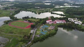 Aerial view abandoned tin mining lake video