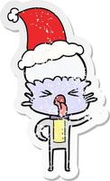 disgusted distressed sticker cartoon of a alien wearing santa hat vector