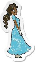 retro distressed sticker of a cartoon pretty woman in dress vector