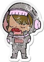 distressed sticker of a cartoon talking astronaut yawning vector