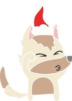 flat color illustration of a wolf pouting wearing santa hat vector