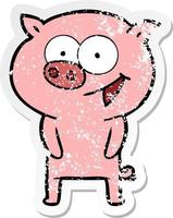 distressed sticker of a cheerful pig cartoon vector