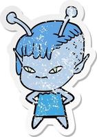 distressed sticker of a cute cartoon alien girl vector