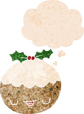 cute cartoon christmas pudding and thought bubble in retro textured style