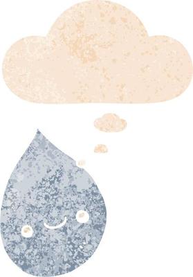 cartoon raindrop and thought bubble in retro textured style