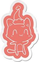 cartoon  sticker of a happy cat wearing santa hat vector