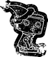 cartoon distressed icon of a robot wearing santa hat vector