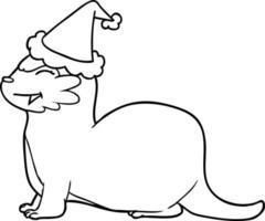 laughing otter line drawing of a wearing santa hat vector
