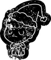 cartoon distressed icon of a grumpy boy wearing santa hat vector