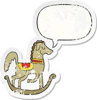 cartoon rocking horse and speech bubble distressed sticker vector