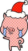 comic book style illustration of a pig crying wearing santa hat vector