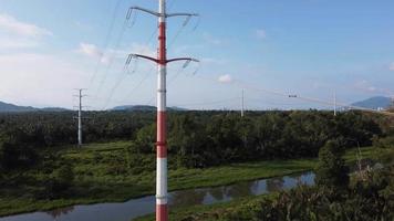 Cable powerline pylon near green field video