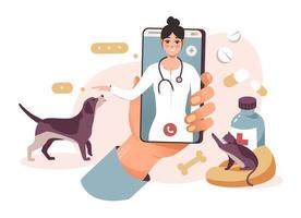 Online consultation with a veterinary doctor. Treatment of pets. At the vet doctor's appointment. Vet service. Flat vector illustration