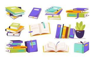 Stacks of books to read. A set of literature, textbooks, dictionaries, planners with bookmarks. Color flat vector illustration isolated on a white background