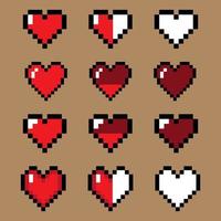 Vector heart icon set. Pixel game life bar. Controller, indicator. Heart minecraft