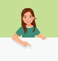 beautiful young woman standing behind blank billboard pointing index finger down to empty banner for copyspace advertising and announcement messages vector