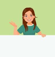 beautiful young woman standing behind blank billboard with hand gesture showing empty banner for copyspace advertising and announcement messages vector