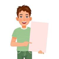 handsome young man holding blank billboard pointing index finger to empty banner for copyspace advertising and announcement messages vector