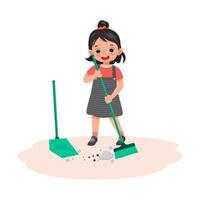 cute little girl sweeping the floor with broom and scoop at living room doing daily routine housework chores vector