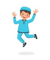 happy cute little muslim boy jumping celebrating ramadhan vector