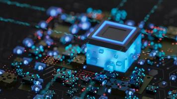 Abstract computer digital chip processor. Electronic components on circuit board. Artificial intelligence, Technology background, Machine learning, Microprocessor, CPU. 3D rendering. photo