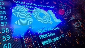 SQL word and SQL statements Structured Query Language code on a blue background. 3D illustration. photo