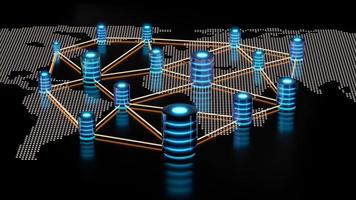 Database network on digital dotted world map. Concept of a database storage network, Global database. Network databases. 3D illustration. photo