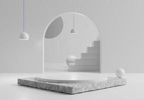 Podium by spot light, Golden stair and golden podium on Marble Basement 3D Rendering photo