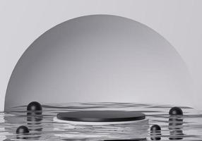 maqueta de lujo podio negro y gris sobre la superficie del agua con mármol negro y marco negro redondo y fondo negro. concepto mínimo abstracto para la exhibición de productos. Foto premium de representación 3d