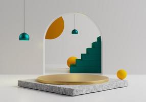 Empty Podium illuminated by Hanging Green spot light, Green stair and golden podium on Marble Basement and white background and  3D Rendering Interior photo