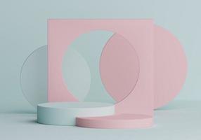 Pink round stage on sky blue background with circle shapes in the middle. backdrop for product display. 3d rendering Premium Photo