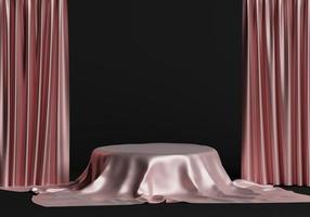 Pantalla de podio de producto redondo 3d cubierta con pliegues de cortinas de tela de color plateado aislado sobre fondo blanco foto