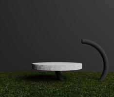 Cylindrical marble podium on natural fresh green grass and 3D rendering black pipe Pastel photo