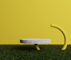 Cylindrical marble podium on natural fresh green grass and 3D rendering white yellow pipe Pastel photo