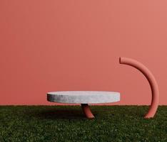 Cylindrical marble podium on natural fresh green grass and 3D rendering red pipe Pastel photo