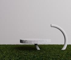 Cylindrical marble podium on natural fresh green grass and 3D rendering Pastel Pastel photo