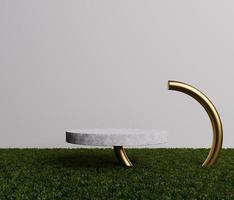 Cylindrical marble podium on natural fresh green grass and 3D rendering white and golden pipe Pastel photo