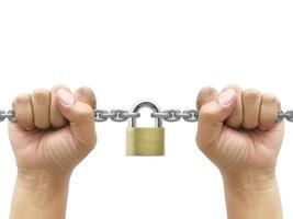 A man Handle gray metal chain and padlock on white background photo