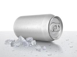 Can of cold beverage, ice cubea. Summer refreshing drink photo