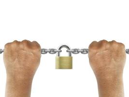 A man Handle gray metal chain and padlock on white background photo