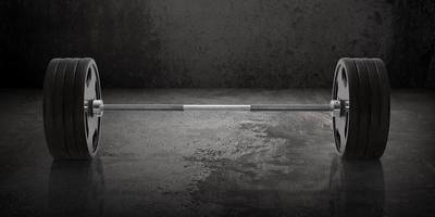 Barbell on Cement floor and concrete old Wall Background photo