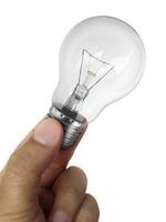 A man's hand holding an Light bulb isolated, on white background photo