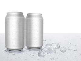 Tin cans and ice cubes on white background photo