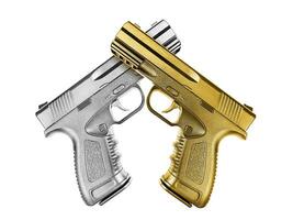 Pistola de metal plateado y pistola de metal dorado aislado sobre fondo blanco. foto