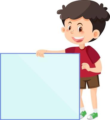 Cute boy holding blank board in cartoon style