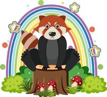 Cute red panda on stump in flat cartoon style vector