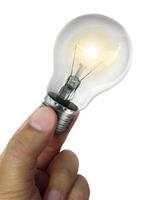 A man's hand holding an Light bulb open, isolated, on white background photo