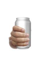 Cans aluminum of on hand isolated on a white background photo