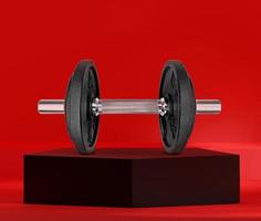 Dumbbells on black pentagon podium in the red studio photo